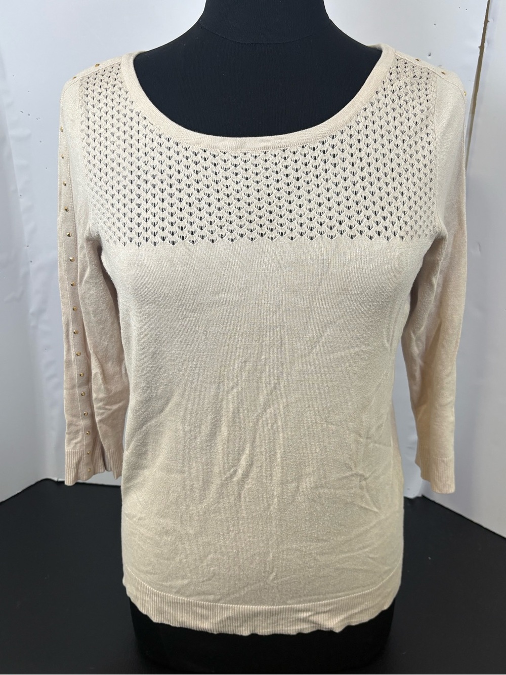 Women's Cream Knit Scoop Neck Lightweight Sweater with Stud Detail